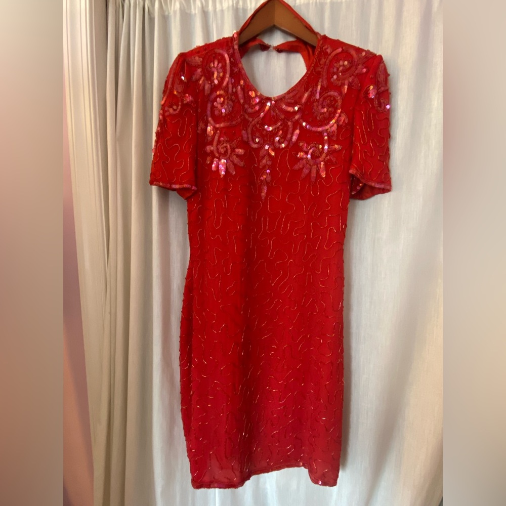 Beaded Red 80’s style Dress with Shoulder Pads Silky Nights New York
